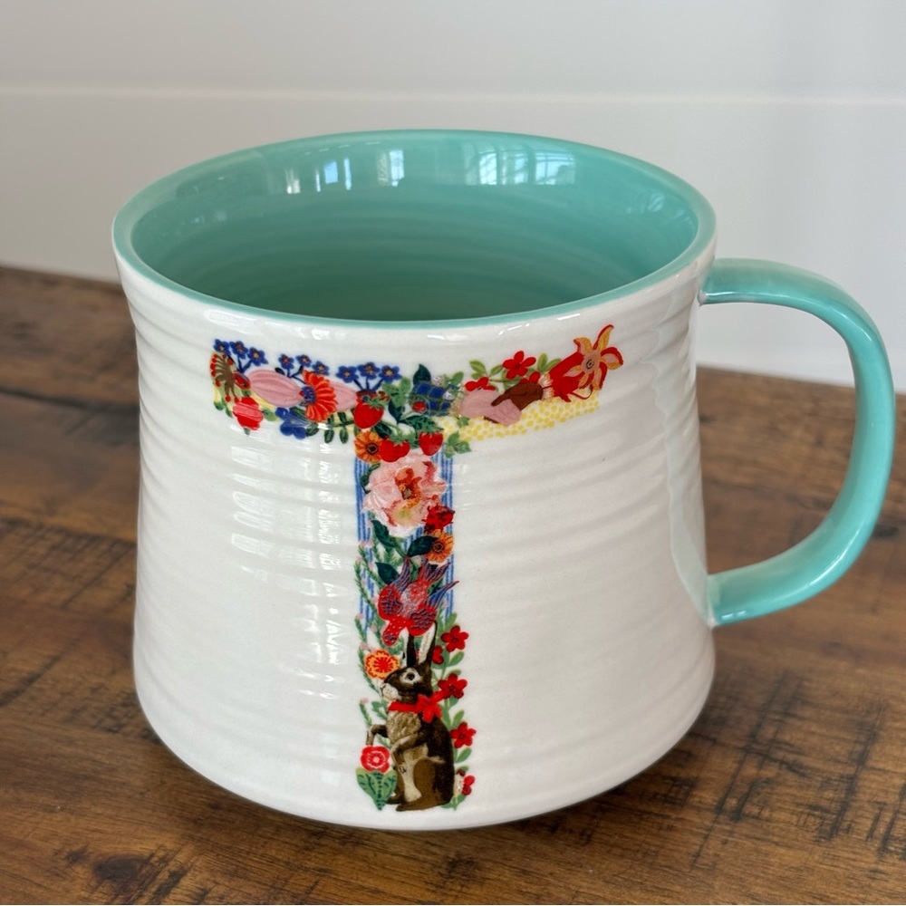 Nathalie Lété for Anthropologie Floral Monogram Mug Letter T White and Aqua